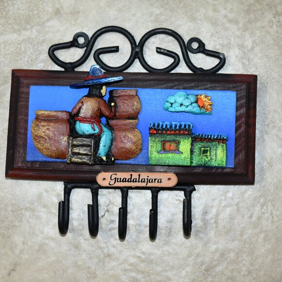Vintage Guadalajara Mexico Wooden/Resin Key Holder Folk Art house & artisan pot - Picture 1 of 6